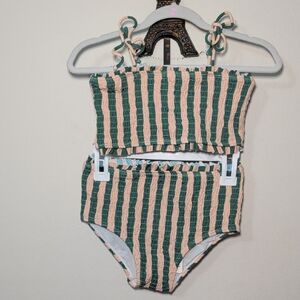 Fin & Vince Watermelon Stripe Smocked Bikini Green Pink Beach NEW Girls Size 8/9